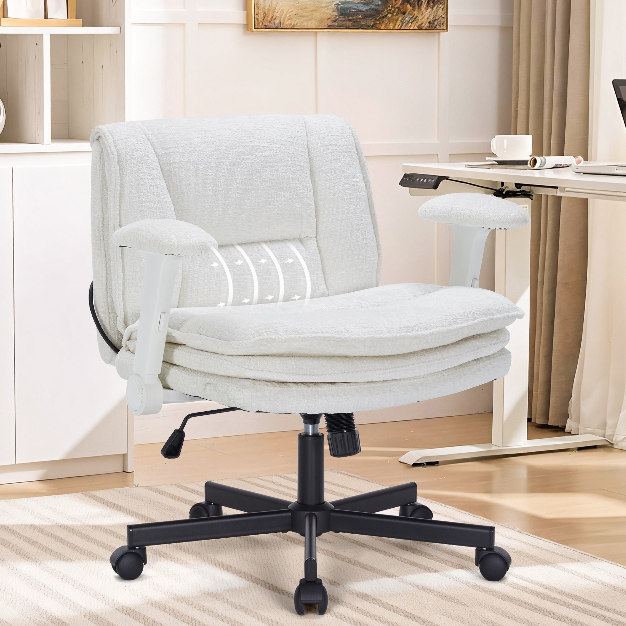 Criss Cross Chair With Wheels And Flip Arms, Upholstered Cross Legged Office Chair With 3 Layer Cushions&Dynamic Airbag Lumbar Support, Wide Seat Comfy Desk Chair For Home Office, Living Room, Beige_maomaolike.com